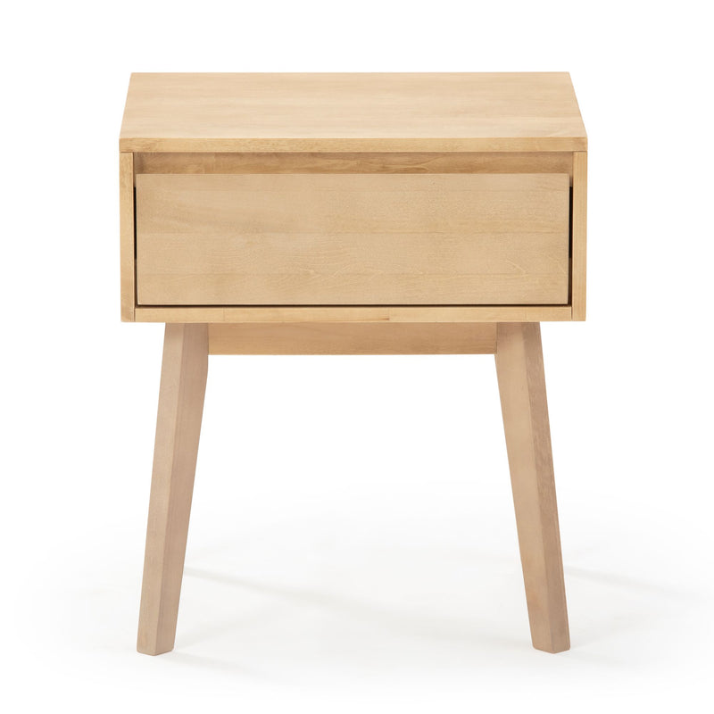 Light wood bedside table with single drawer and tapered legs, minimalist mid-century modern nightstand in natural maple finish on white background