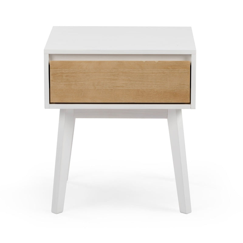 Mid-century modern nightstand: white bedside table with natural wood drawer, tapered legs and single drawer — compact nightstand for bedroom