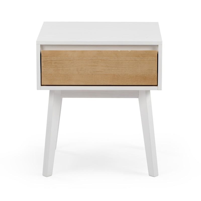 Minimalist white bedside table with natural wood drawer and angled legs – Scandinavian nightstand with storage