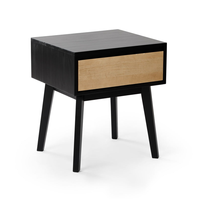 Mid-century modern black wood nightstand with natural wood front, tapered legs and single storage drawer for bedroom