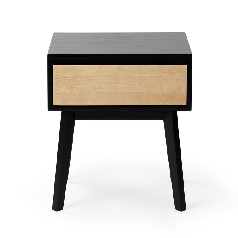 Mid-century modern black and natural wood nightstand with one drawer, tapered legs and minimalist bedside storage