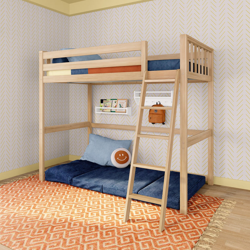 Wooden loft bunk bed with ladder in kids' room featuring navy blue mattresses, smiley pillow, orange geometric rug and bookshelf