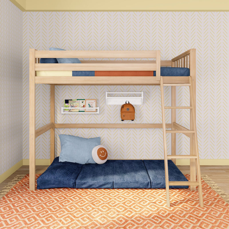 Kids loft bed in natural wood with ladder, navy cushions and smiley pillow, wall bookshelf, orange backpack, yellow patterned wallpaper and geometric rug