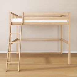 Wooden loft bed with ladder in modern bedroom setting.