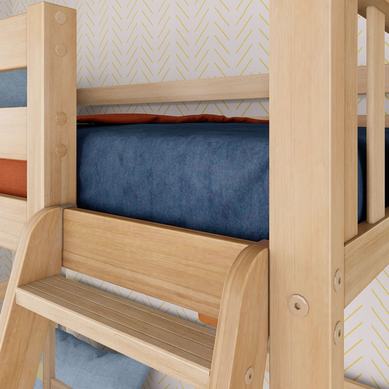 Natural pine bunk bed ladder and safety rails with blue bedding and rust pillow against white wall with gold chevron wallpaper