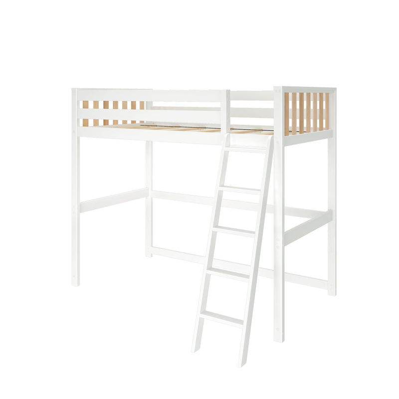White wooden loft bed with ladder and natural wood slatted guardrails, elevated bed frame with open space underneath for storage or play