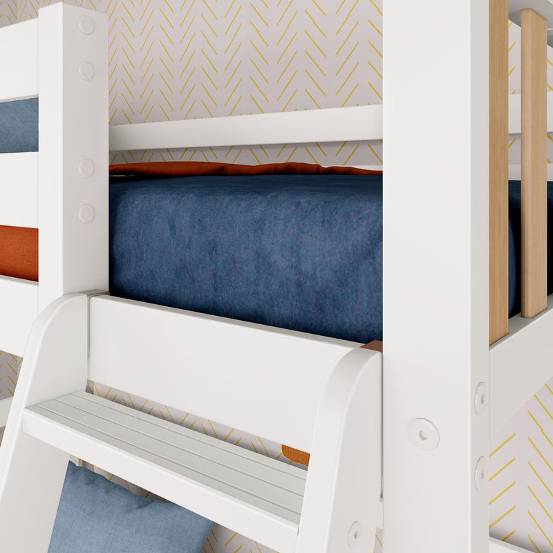 White wooden bunk bed close-up with navy blue bedding, rust-orange pillow and natural wood slats against gold chevron wallpaper in a modern kids’ bedroom