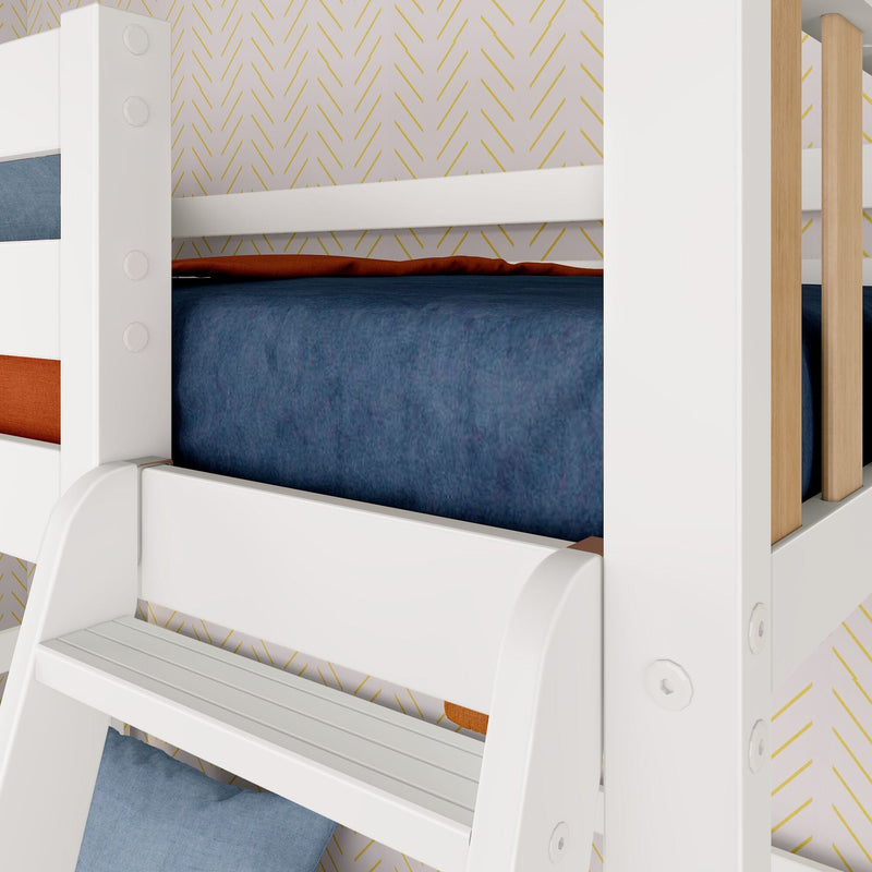White wooden bunk bed close-up with navy blue bedding, rust-orange pillow and natural wood slats against gold chevron wallpaper in a modern kids’ bedroom