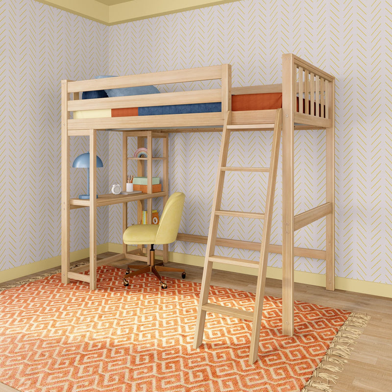 Modern natural wood loft bed with built-in desk, ladder and shelves, yellow swivel chair and orange patterned rug in kids' bedroom study nook
