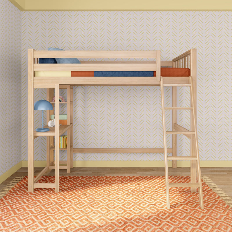 Light wood loft bed with ladder and built-in shelves in a modern kids bedroom with geometric wallpaper, blue lamp and orange rug