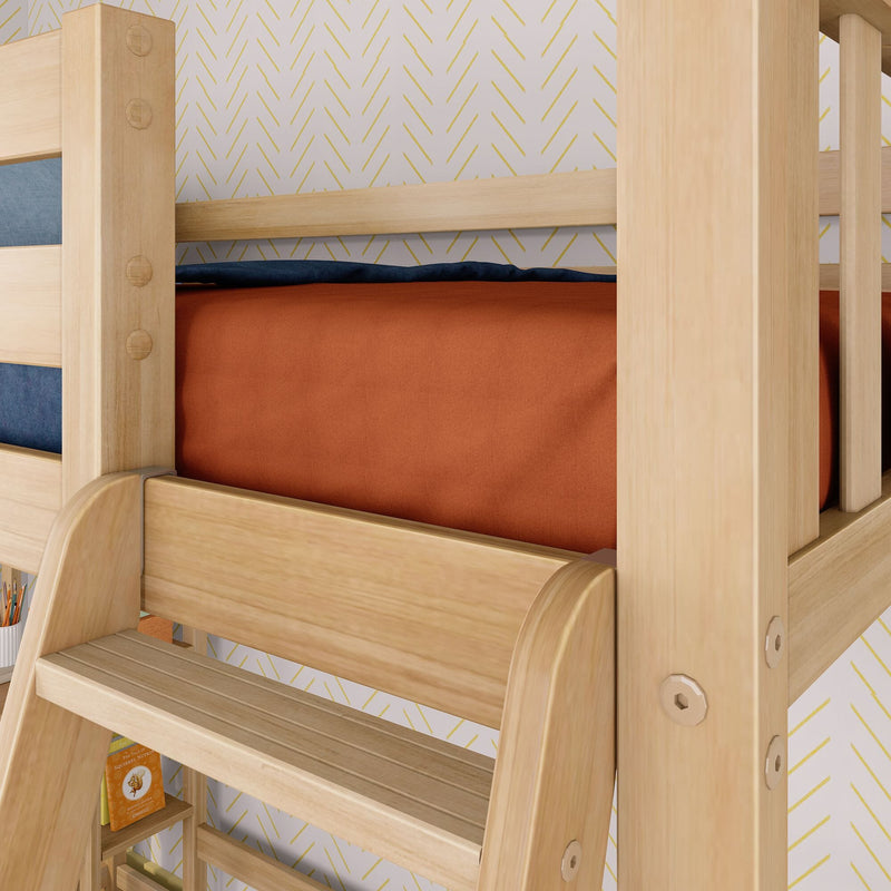 Solid wood bunk bed with integrated ladder and built-in bookshelf, rust-orange bedding and navy pillow in modern kids bedroom with white and gold chevron wallpaper