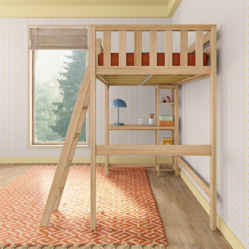 Wooden loft bed with ladder, built-in desk and shelves, blue desk lamp and orange rug in a modern kids' bedroom.