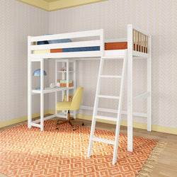 White loft bed with desk underneath, ladder, and chair in a modern bedroom with patterned wallpaper and orange rug.