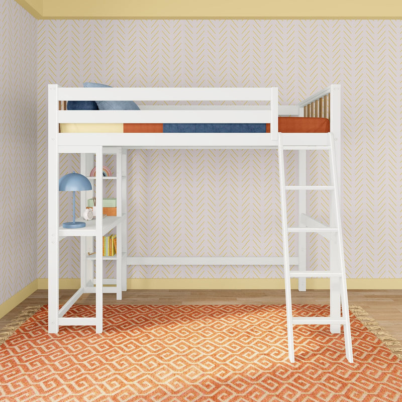 White loft bed with ladder and built-in shelves in a modern kids' room, orange patterned rug, blue lamp and gold-accent geometric wallpaper