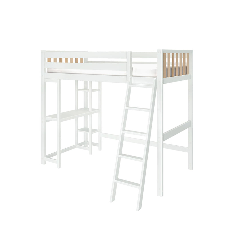 White wooden loft bed with ladder and built-in shelves, natural wood slat guardrail, modern kids' bedroom furniture
