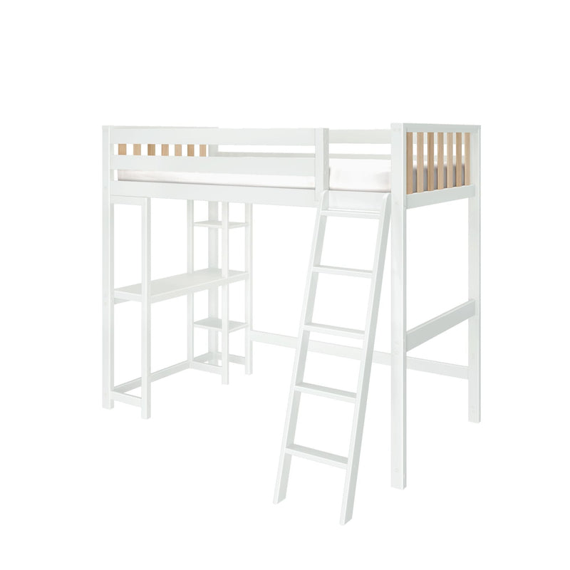 White wooden loft bed with ladder and built-in shelves, natural wood slat guardrail, modern kids' bedroom furniture