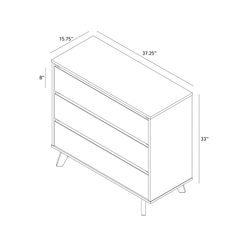 Mid-century modern 3-drawer dresser with angled legs, bedroom storage chest, dimensions 37.25 in W x 15.75 in D x 33 in H