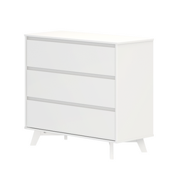 White three-drawer dresser with angled mid-century modern legs, minimalist bedroom storage chest with smooth flat-front drawers
