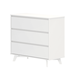 White three-drawer dresser with angled mid-century modern legs, minimalist bedroom storage chest with smooth flat-front drawers