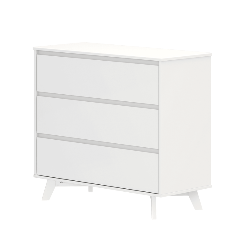 White three-drawer dresser with angled mid-century modern legs, minimalist bedroom storage chest with smooth flat-front drawers