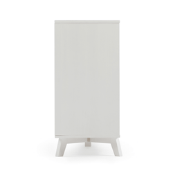 Minimalist white wooden tall storage cabinet with mid-century tapered legs, freestanding bedroom wardrobe and organizer