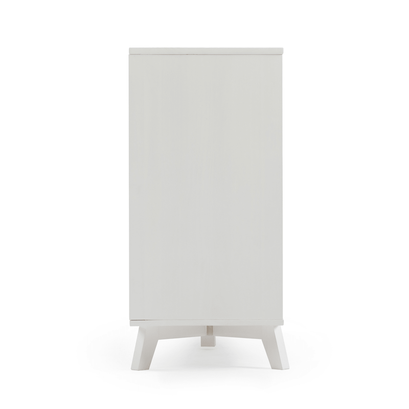 Minimalist white wooden tall storage cabinet with mid-century tapered legs, freestanding bedroom wardrobe and organizer