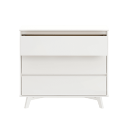 White painted three-drawer dresser with tapered legs, minimalist mid-century modern bedroom storage chest