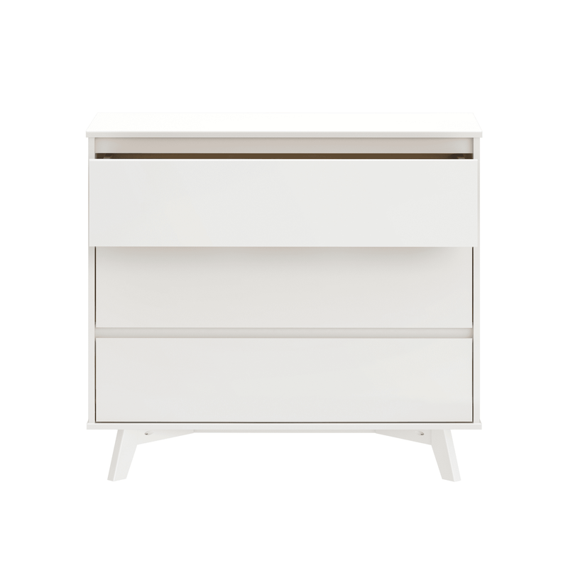 White painted three-drawer dresser with tapered legs, minimalist mid-century modern bedroom storage chest