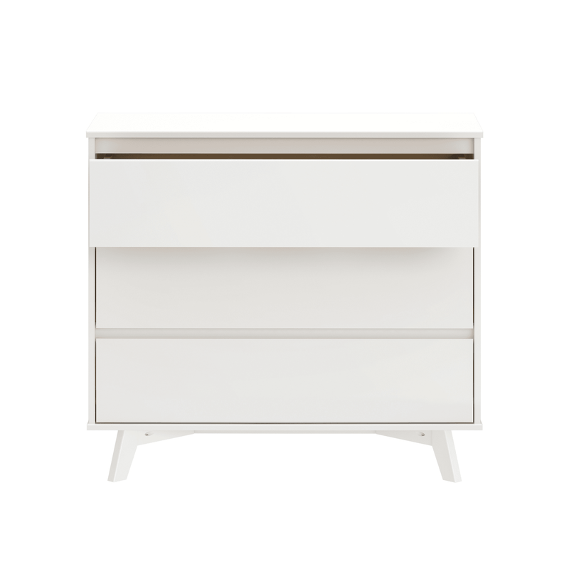 Minimalist white 3-drawer dresser, mid-century modern chest of drawers with angled legs and flat-front drawers for bedroom or nursery storage