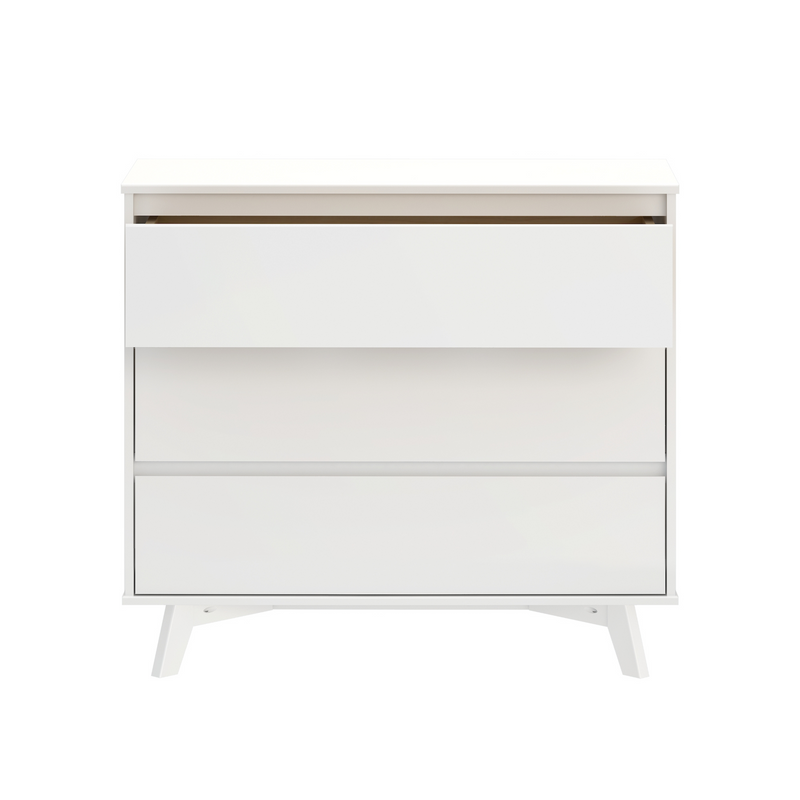 Minimalist white 3-drawer dresser, mid-century modern chest of drawers with angled legs and flat-front drawers for bedroom or nursery storage