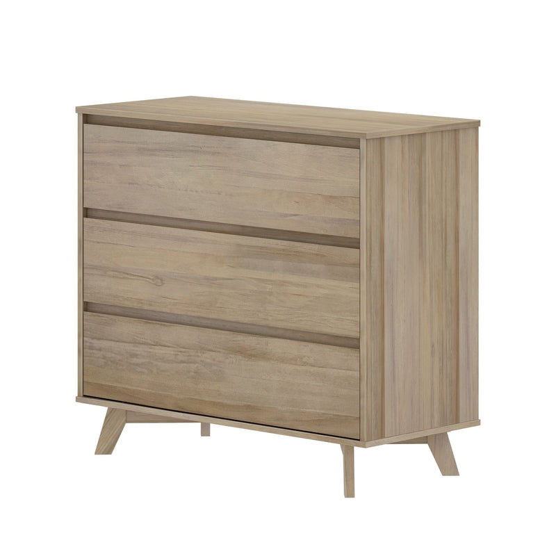 Mid-century modern three-drawer light oak dresser with angled legs, minimalist wooden chest of drawers for bedroom storage