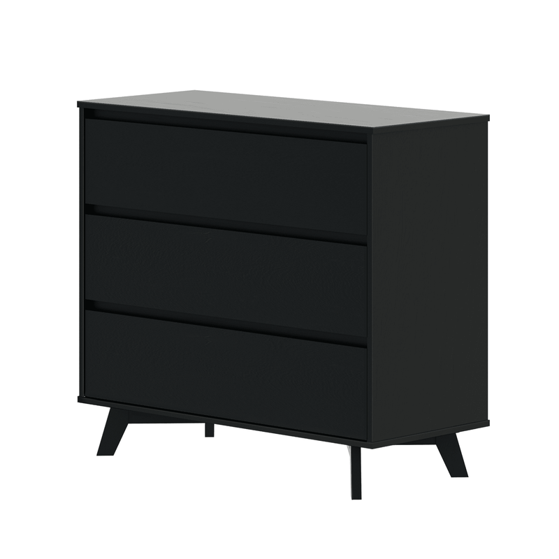Black three-drawer modern dresser with recessed handles and angled mid-century legs, minimalist wood bedroom storage chest