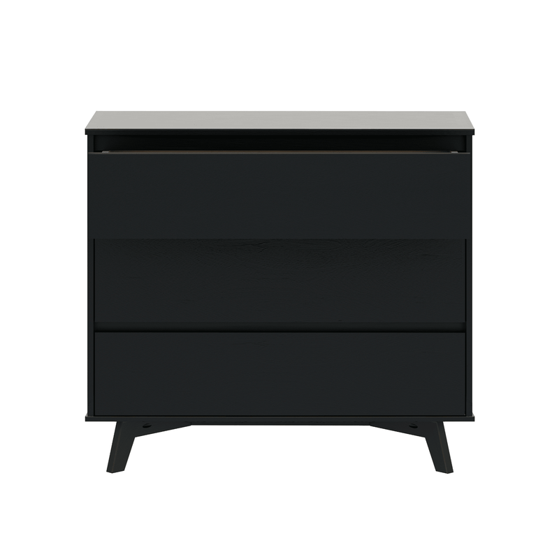 Black mid-century modern three-drawer wooden nightstand with tapered legs, minimalist matte black bedroom dresser for storage