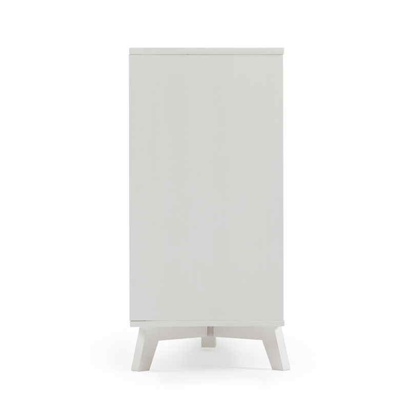 White tall narrow modern wooden storage cabinet with mid-century angled legs, freestanding bedroom or bathroom organizer on white background