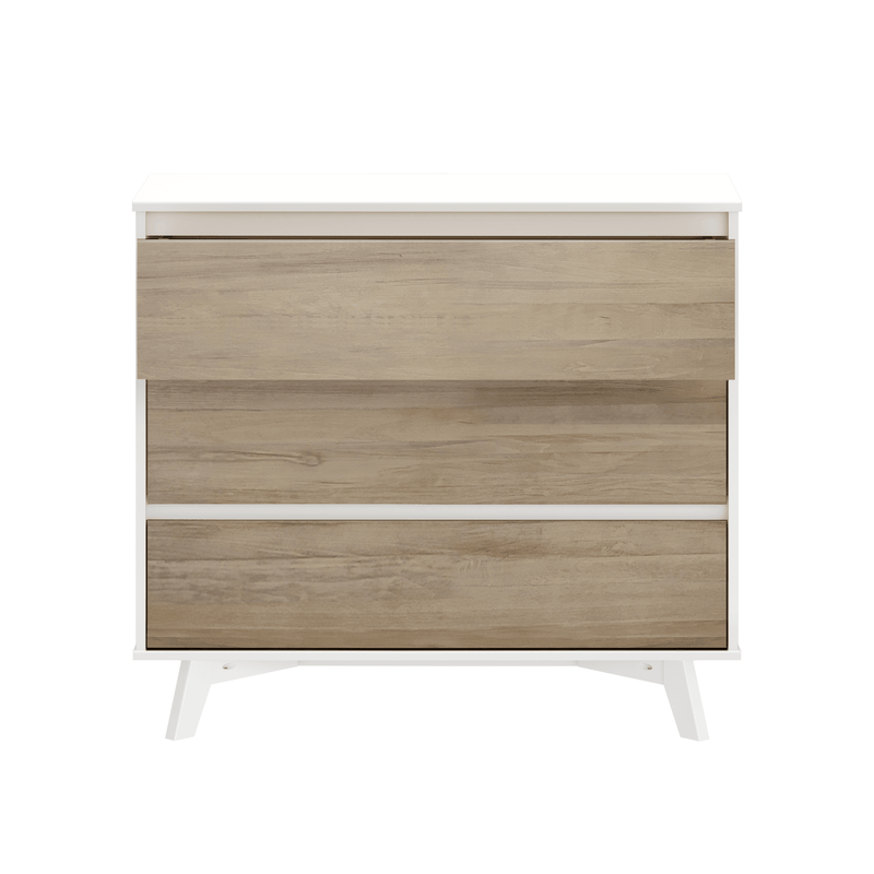 Modern Scandinavian three-drawer dresser with white frame and light oak drawer fronts on angled legs, bedroom storage chest