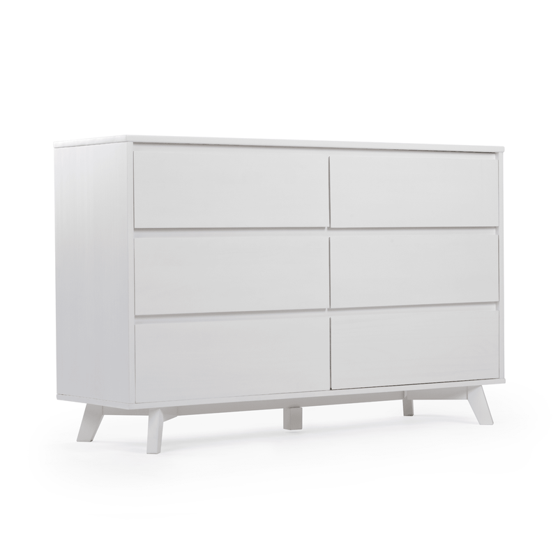 White modern six-drawer dresser with mid-century angled legs, minimalist bedroom storage chest