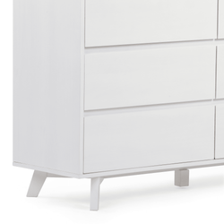 Modern white dresser with minimalist design and four drawers.