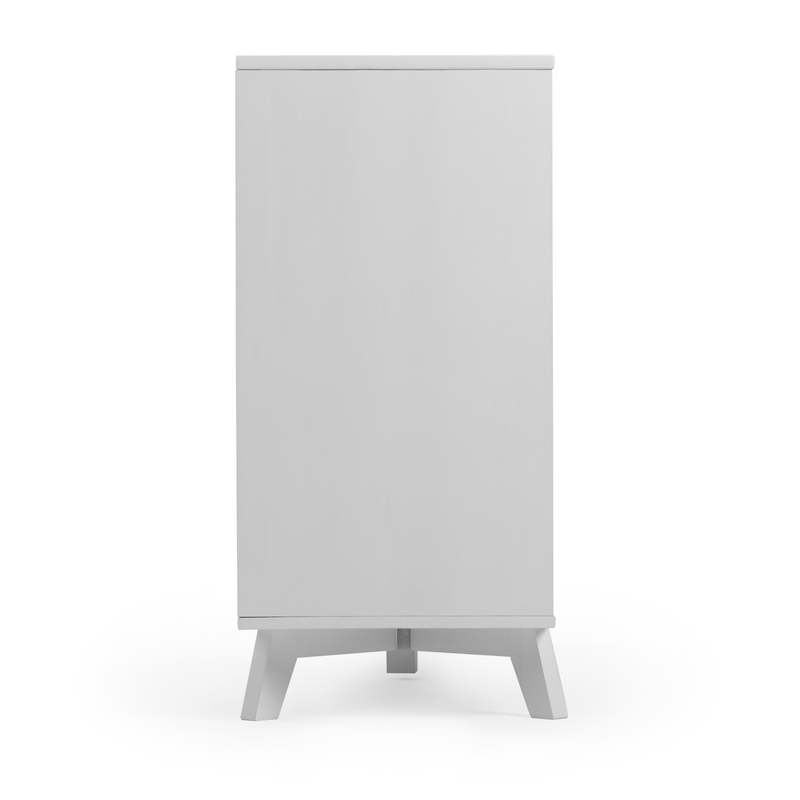 White narrow wooden storage cabinet with single door and angled mid-century modern legs, minimalist Scandinavian dresser for bedroom or hallway