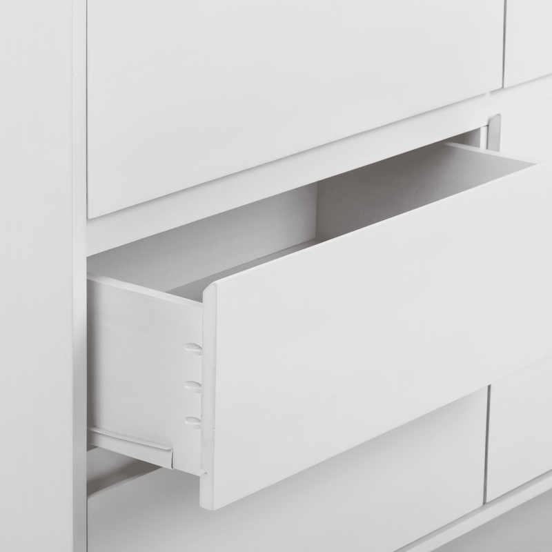 Open white dresser drawer with minimalist design and modern style.