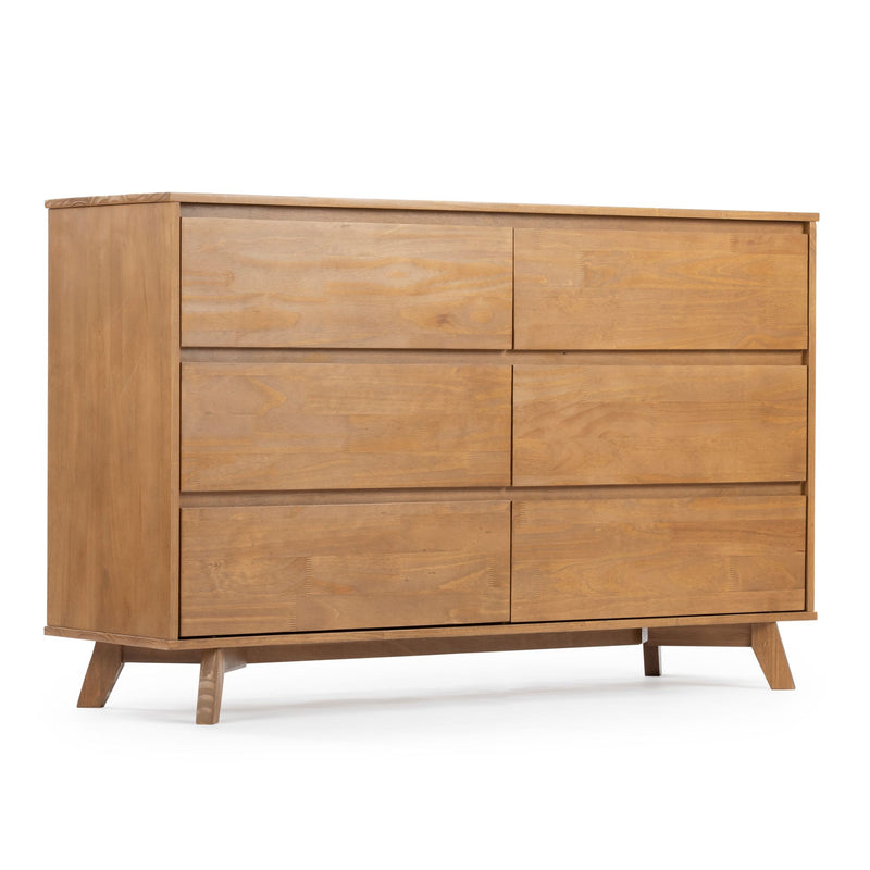 Mid-century modern light wood dresser with six flat-panel drawers, tapered legs and minimalist Scandinavian-style bedroom storage