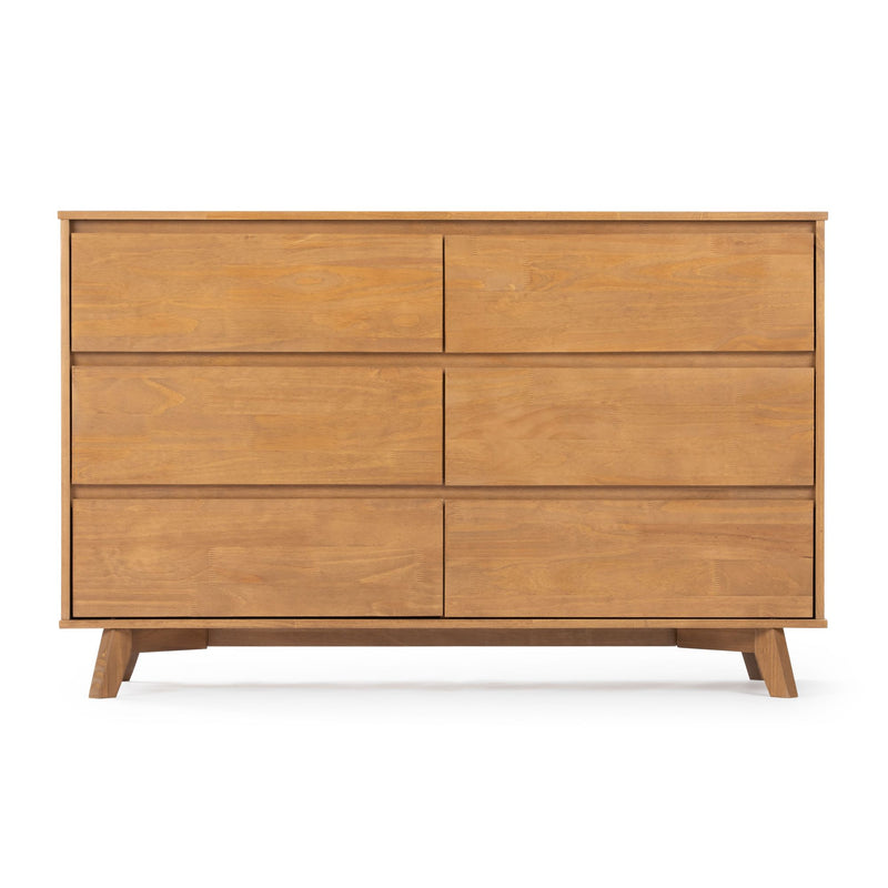 Mid-century modern six-drawer solid wood dresser in natural oak finish with tapered legs