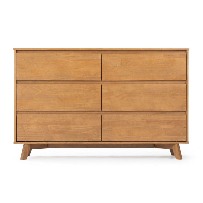 Mid-century modern six-drawer solid wood dresser in natural oak finish with tapered legs