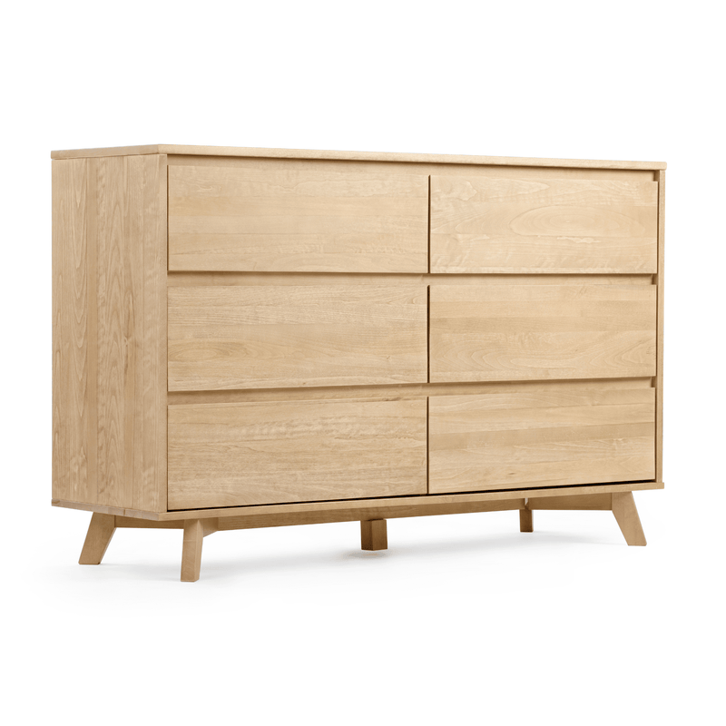 Mid-century modern light oak six-drawer dresser, solid wood minimalist bedroom storage chest with flat-front drawers and angled legs, natural finish