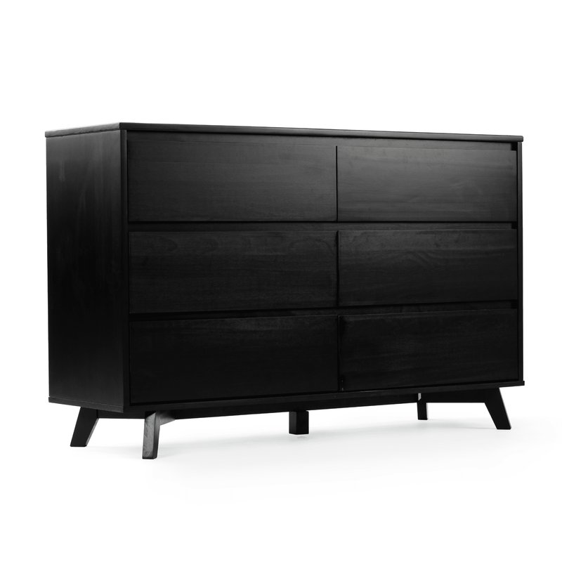 Black wooden six-drawer dresser with tapered legs, mid-century modern bedroom storage chest with matte finish