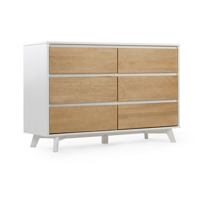 Mid-century modern 6-drawer white dresser with light wood drawer fronts and angled legs — Scandinavian bedroom storage chest