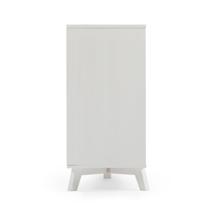 Minimalist white wooden storage cabinet with single door and angled legs — modern Scandinavian bedside nightstand on white background
