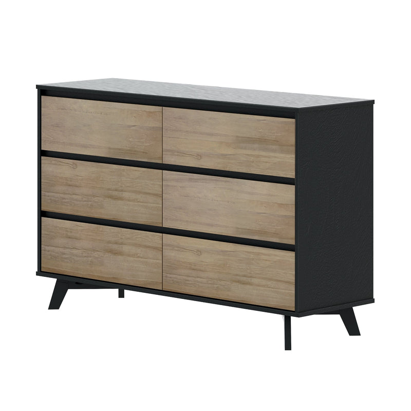 Mid-century modern six-drawer dresser with black frame, natural oak drawer fronts and angled legs, bedroom storage chest