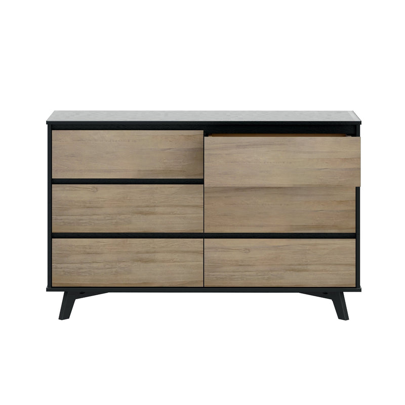 Modern six-drawer light oak dresser with matte black frame and mid-century legs