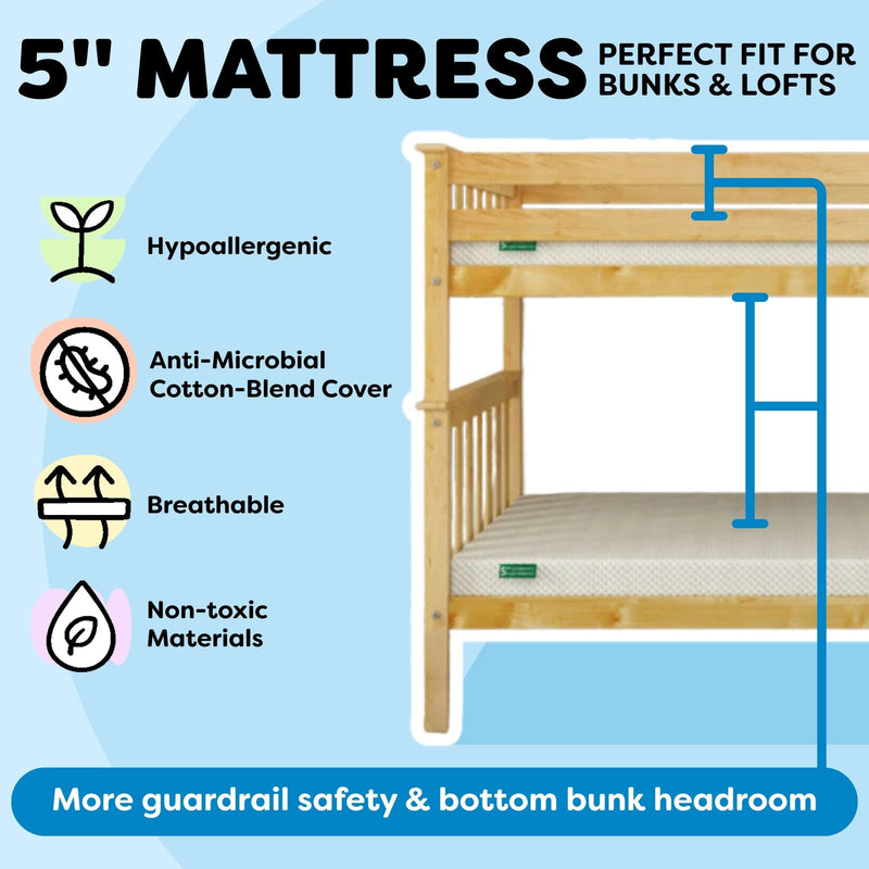 5-inch mattress for bunk beds and lofts on wooden bunk frame — hypoallergenic, breathable, anti-microbial cotton-blend cover, non-toxic materials, improved guardrail safety and bottom bunk headroom
