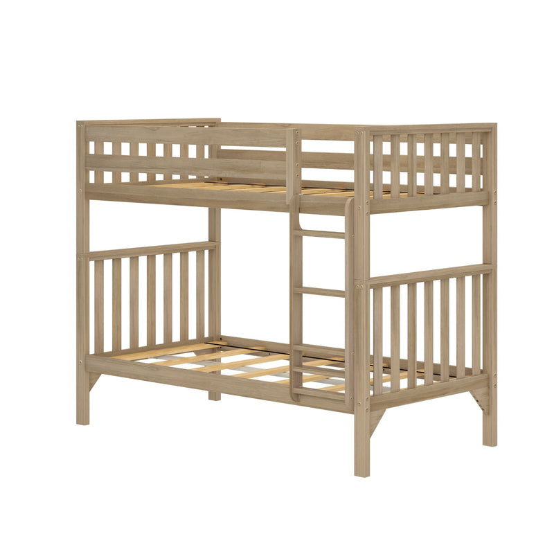Twin-over-full natural oak bunk bed with ladder and slatted guardrails, solid wood loft-style frame for kids' bedroom